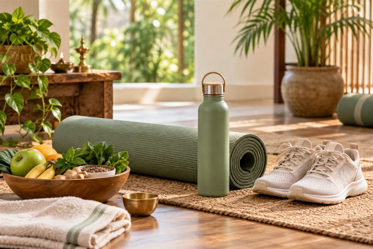 Yoga mat, walking shoes and healthy food