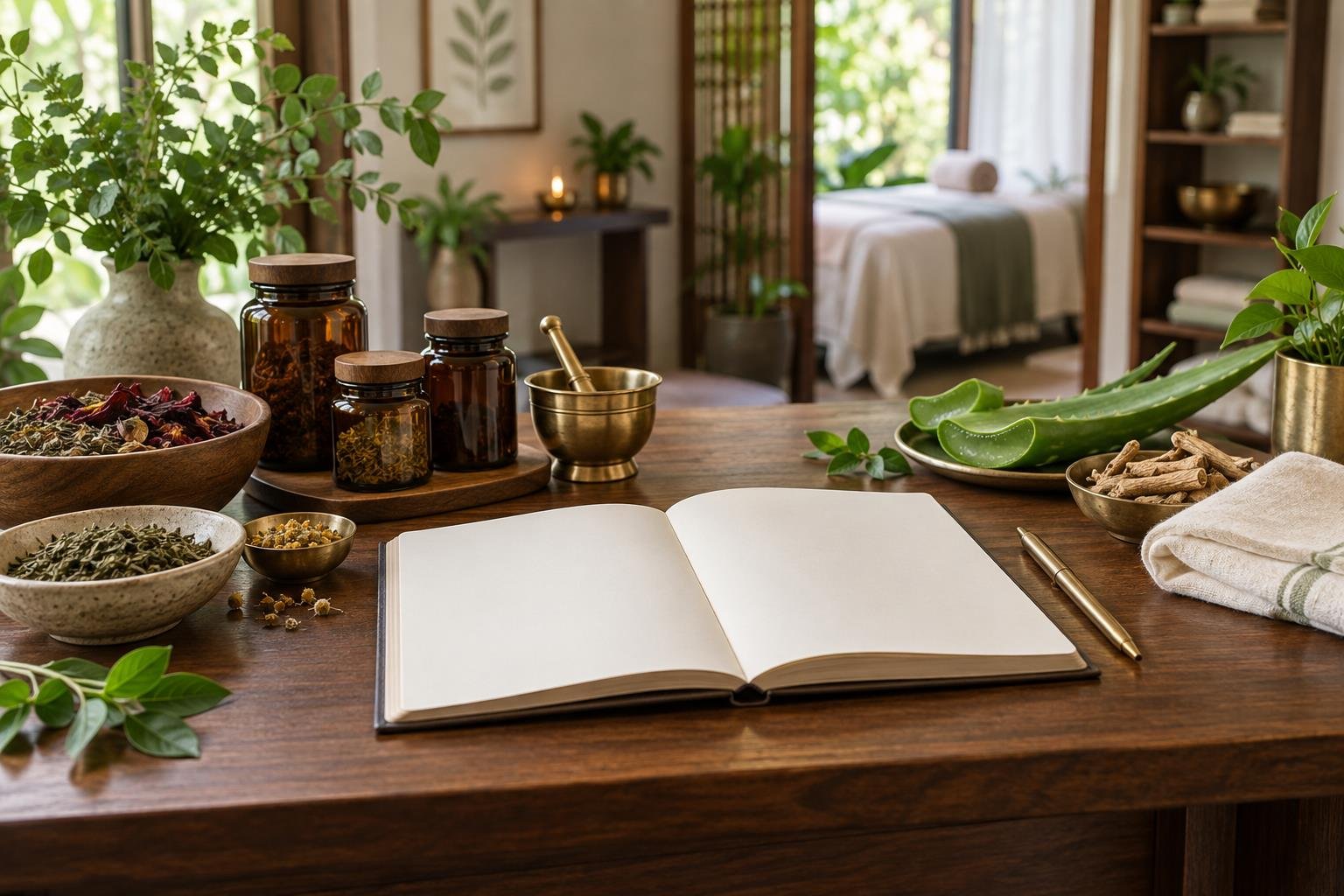 Herbs and a blank care-planning notebook in an Ayurvedic consultation room