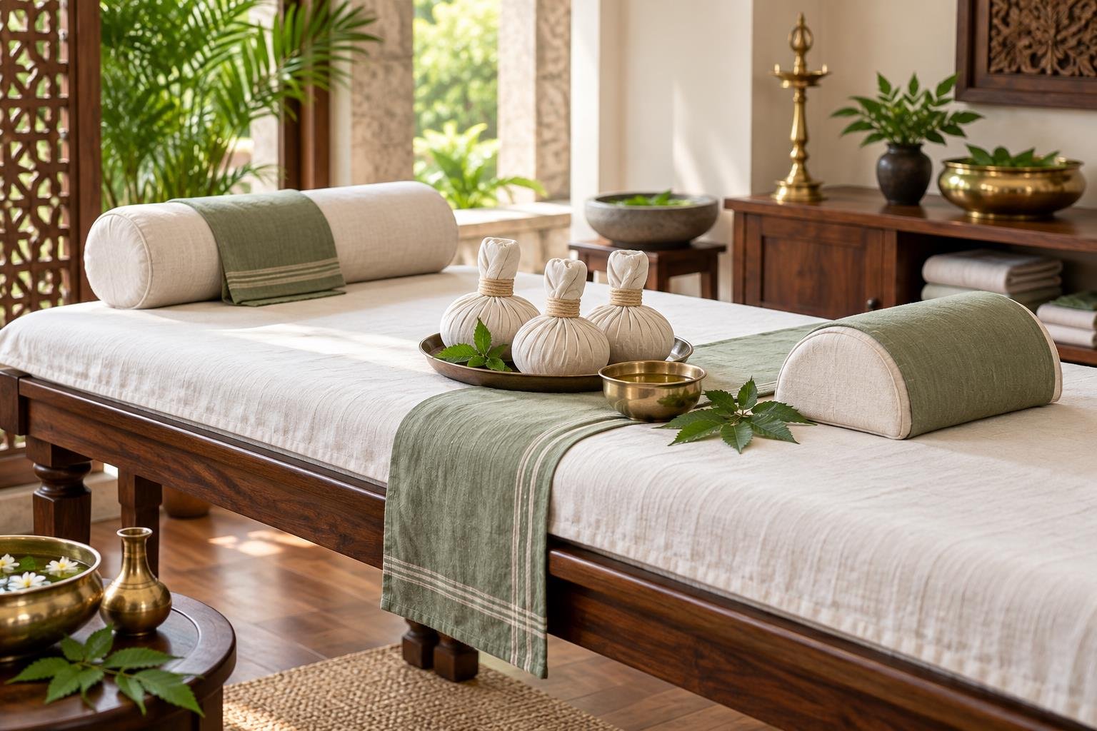 Herbal boluses and supportive bolsters on an Ayurvedic therapy table