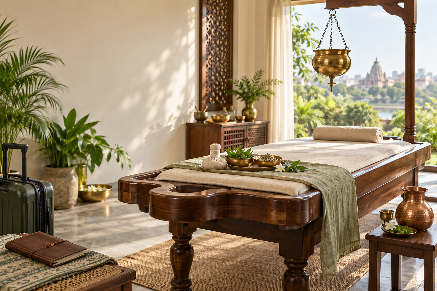 Sunlit Ayurvedic treatment room prepared for a visiting guest